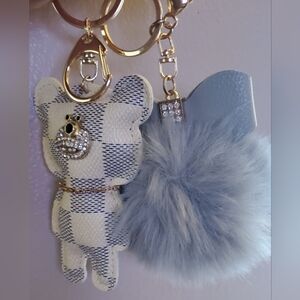 Checker Patterned Bear And Pompom Keyring